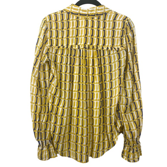 Maeve By Anthropologie Dog Print Yellow Satin Bell Sleeve Button Up long Sleeve - Picture 2 of 12